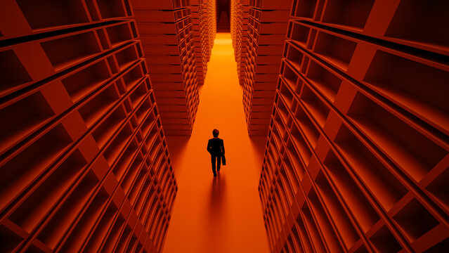 Businessman walks through data servers with briefcase in hand