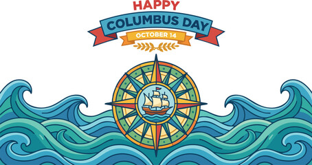 Columbus Day greeting with sailing ship, compass and ocean waves © rama coloring studio