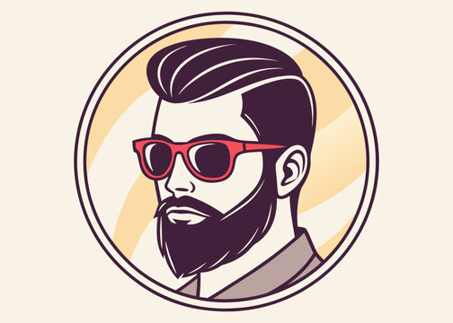 A bearded man with a stylish pompadour haircut and red sunglasses is depicted in a circular frame with a wavy yellow background pattern.