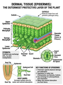 Dermal tissue anatomy diagram showing plant epidermis structure with cuticles stomata and root hairs cross section