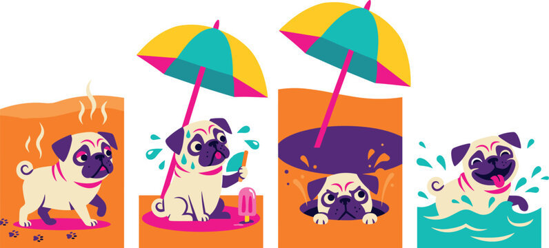 Cute Pug Dog Cartoon Character Set Expressing Summer Heat Wave Sweat Sun Protection Mud Bath and Swimming Poses Vector Illustration