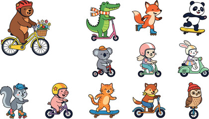 Cute Cartoon Animal Characters Riding Bicycles Scooters Skateboards and Roller Skates Set for Active Kids Lifestyle Graphic Vector Illustrations © MD SOJIB 