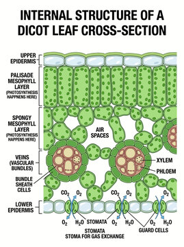 Dicot leaf cross section diagram showing internal plant anatomy with labeled cellular layers and vascular bundles