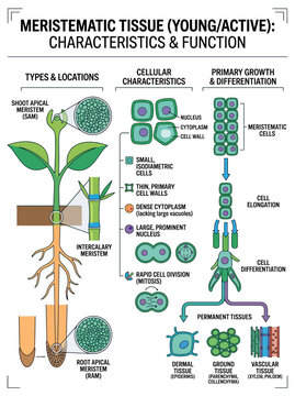 Meristematic tissue diagram showing plant cell growth characteristics and primary differentiation functions in educational scientific vector