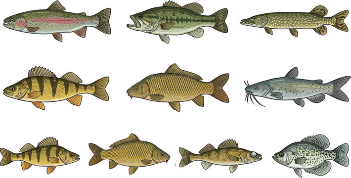 Freshwater Fish Species Detailed Vector Illustration Set Featuring Trout Largemouth Bass Northern Pike Yellow Perch Common Carp Catfish Walleye and Crappie