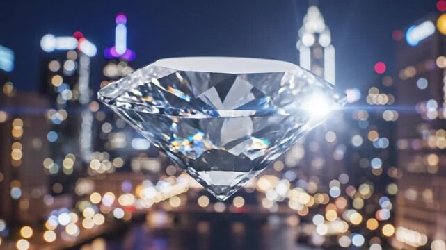 Sparkling diamond floating over blurred city lights at night