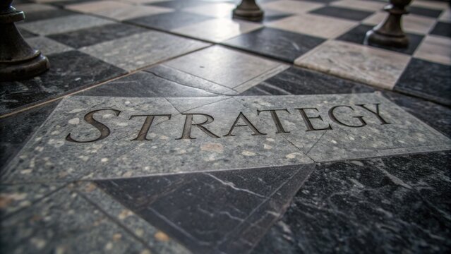 Elegant chessboard featuring the word "Strategy" etched in stone, symbolizing planning, tactics, and competition in game of chess in a sophisticated setting