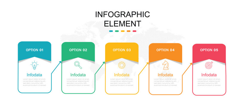 Concept of arrow business model with 5 successive steps. Can be used for process diagram, presentations, workflow layout, banner, flow chart, info graph. Vector illustration. 