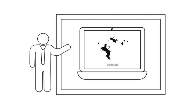 Man presenting Seychelles map on laptop screen in a modern office setting.