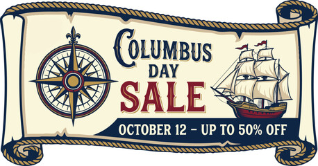 Nautical Columbus Day sale banner with sailing ship and compass © rama coloring studio