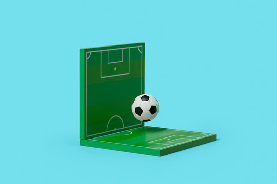 Soccer game ball floating over green field panel