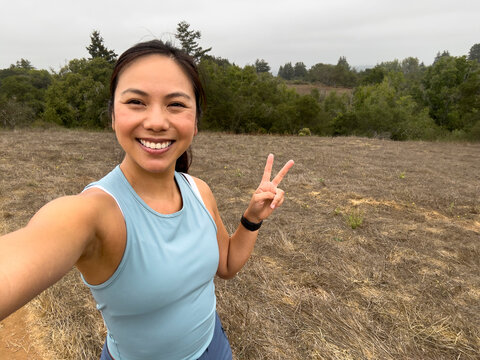 Asian Athlete selfie  model Portrait Peace sign