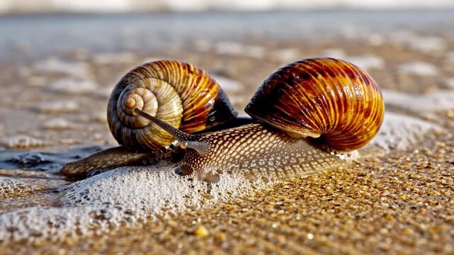 Two snails moving slowly across a sandy beach with soft ocean waves in the background at sunset