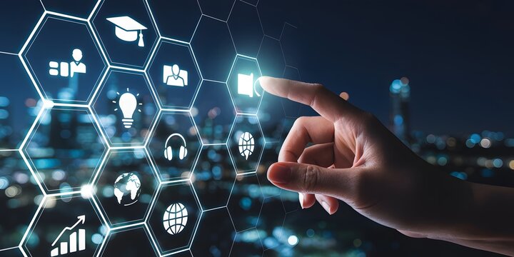 Digital learning and educational technology icons on a futuristic blurred cityscape background