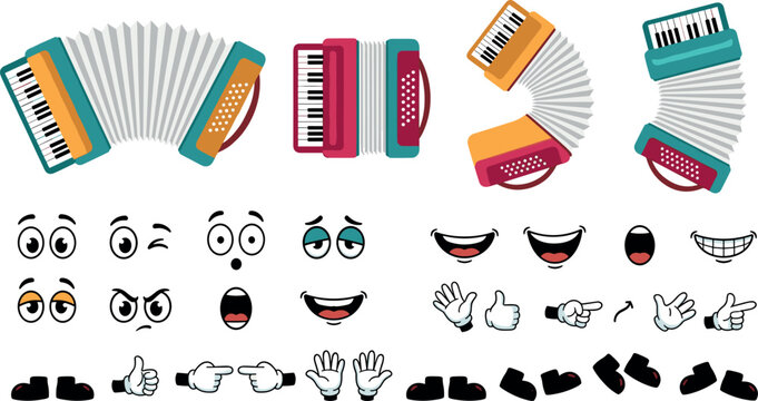 Accordion Musical Instrument Character Animation Kit with Bellows Keys Various Eye Expressions Mouth Shapes Hands and Feet Elements Vector Construction Set