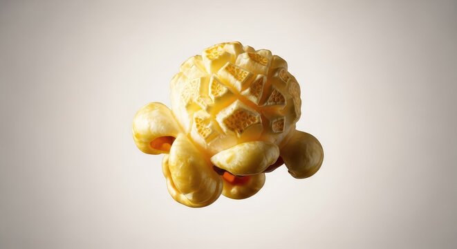 A single golden kernel of popped corn floats effortlessly in the air against a soft neutral background, capturing a moment of pure crunch, calories, elegant, kernel