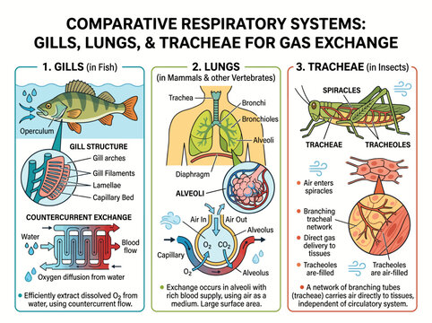 Educational infographic chart comparing biological respiratory systems including fish gills human lungs and insect tracheal tubes