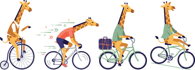 Giraffe Cartoon Character Riding Bicycle Set with Penny Farthing Road Bike Cruiser and Luggage Carrier for Active Travel Vector Design © MD SOJIB 