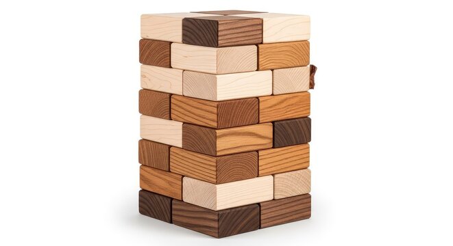 A tall stack of square wooden blocks showing various grains and colors like oak, maple, and walnut arranged neatly on a neutral surface, mahogany, carpentry, sustainable
