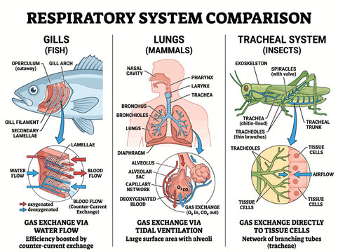 Respiratory system comparison diagram showing anatomical structures of fish gills human lungs and insect tracheal systems