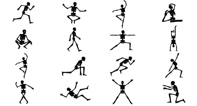 Collection of dynamic skeleton silhouettes in various poses and movements