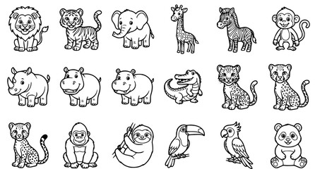Obraz premium Cartoon wild animals coloring book illustrations