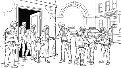 Police and rescue workers helping a family in an urban setting, emergency response line art illustration for coloring book © IDR TAO