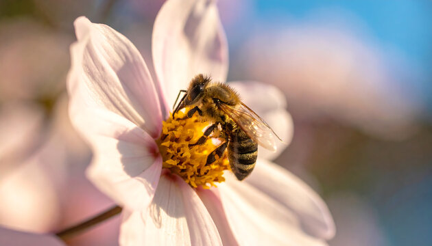 Bee Pollinating Flower in Bright Spring Light.