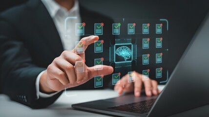 Fototapeta premium Professional interacting with AI-powered data management system, showcasing digital transformation and future business intelligence solutions on a virtual interface