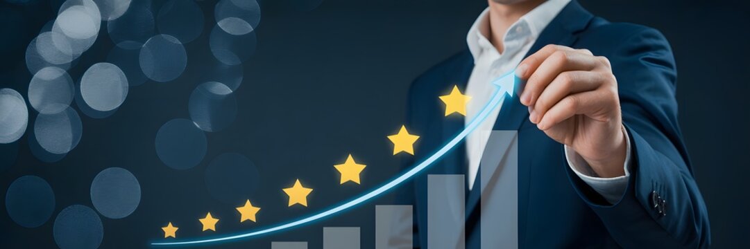 Achieving excellence A professional hand illustrating five stars over an upward trending graph, symbolizing peak business performance, customer satisfaction, and continuous growth strategy
