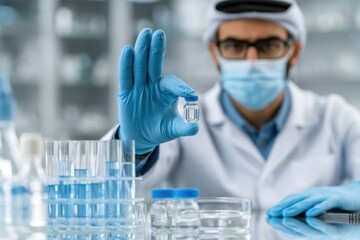 Fototapeta premium A male pharmaceutical quality inspector in a lab coat and protective gear examining a vial