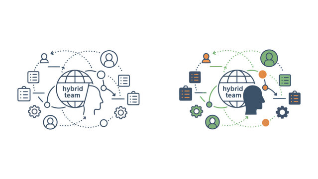 Global hybrid team concept with globe icon and professional head profile showing distributed workforce management and remote collaboration processes in clean professional flat vector icon illustration