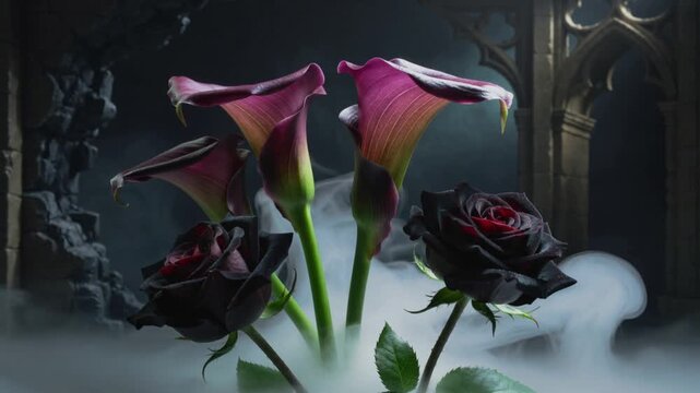 Dark roses and purple calla lilies surrounded by ethereal fog in a gothic setting
