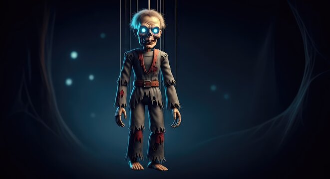Eerie undead marionette puppets with glowing eyes and tattered clothing hanging from strings in a dark atmospheric spooky holiday scene, scary, shadows, glowing