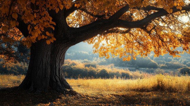 Golden tree stands proudly in a field of dry grass, scenic autumn backdrop