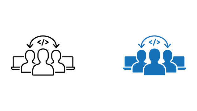 Software developer team collaboration and coding project management icon set with laptop symbols and directional arrows for tech industry workflow and agile development processes in vector graphics