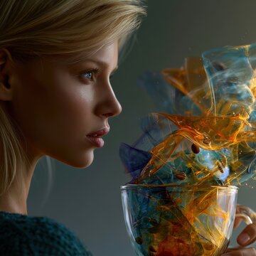 Gorgeous woman looking at a glass coffee mug with coffee erupting into a beautiful controlled wave of abstract glossy fluid shapes and coffee beans.