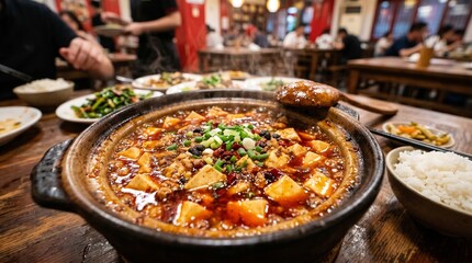 Obraz premium Sichuan mapo tofu simmering in clay pot with glistening red chili oil surface, silken tofu and minced pork in spicy broth, authentic Chinese Sichuan restaurant