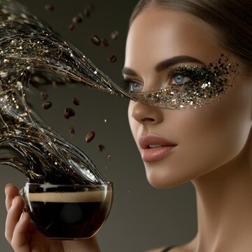 Gorgeous woman looking at a glass coffee mug with coffee erupting into a beautiful controlled wave of abstract glossy fluid shapes and coffee beans.