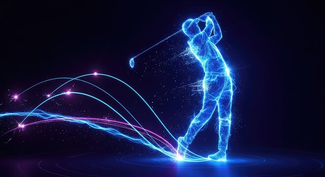 Glowing blue digital silhouette in a mid-swing golf pose. Abstract energy trails and neon sparks flow through a dark, futuristic background, drive, light trails, flow