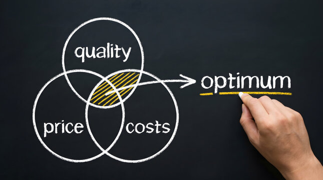 Business concept of optimum balance between quality price and costs hand drawing venn diagram on chalkboard
