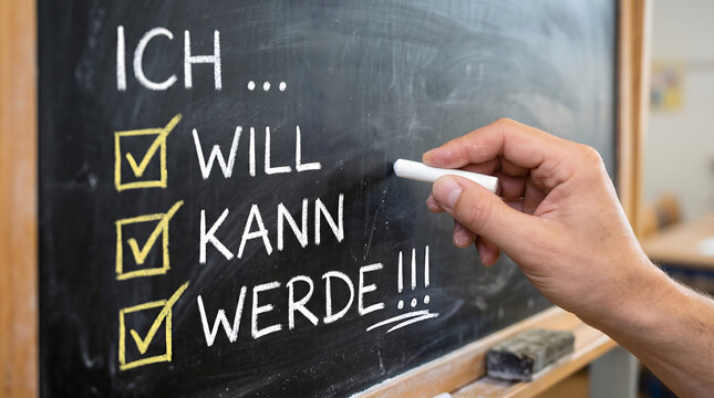 A hand writes motivational german words on a classroom chalkboard with white chalk to represent the progression from wanting to being able and finally achieving