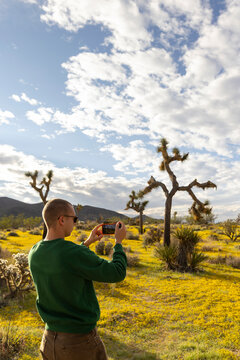 Man take photo cell phone Joshua Tree Park California 