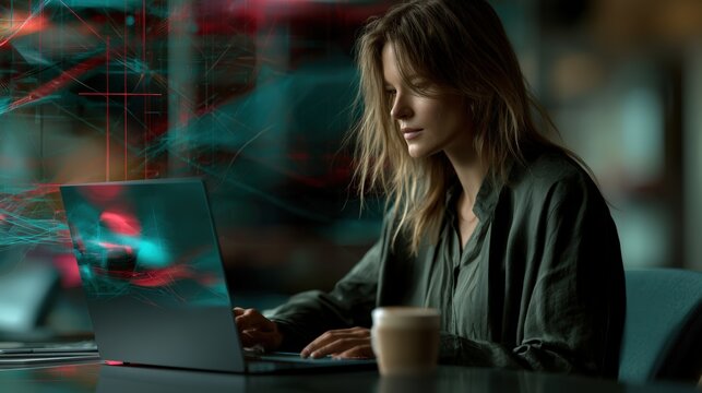 Captivating woman sitting at a high tech desk with a minimalist coffee glass surrounded by clean abstract architectural light grids creating perspective.