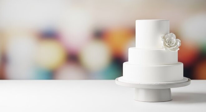 Minimalist white tiered cake on a ceramic stand with a soft bokeh background, providing a clean aesthetic for professional culinary mockups, white, smooth, two-tier