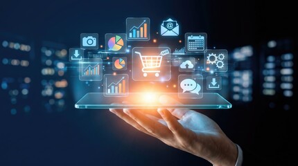Obraz premium Digital business strategy hand holding transparent tablet displaying e commerce shopping cart icons and financial growth analytics for modern global online retail marketing