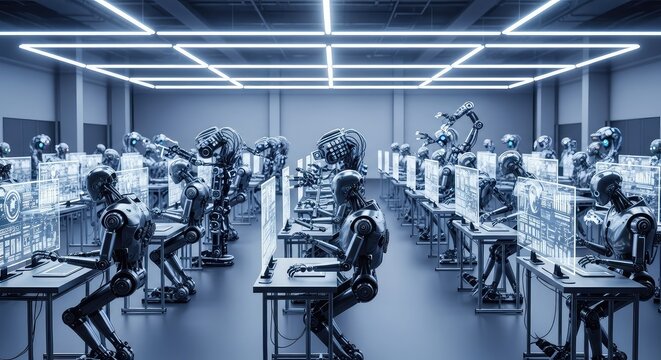 Multiple rows of futuristic metallic robots working together in a vast bright studio environment to analyze global information patterns, robot, processing, laboratory