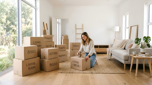 Woman packing moving boxes in a bright, modern living room