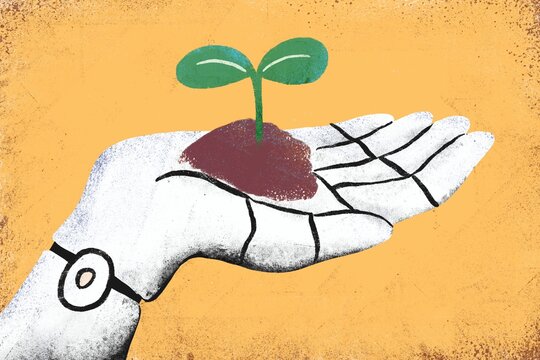 Ai robotic hand holding a soil planted seedling 