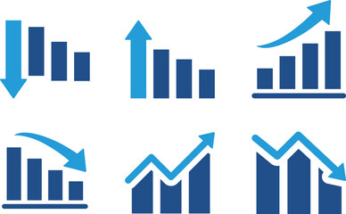 Fototapeta premium Business chart and graph icon set in blue corporate style. Analytics, data statistics, growth and decline symbols for finance reports, dashboards, presentations, KPI tracking and modern UI design.